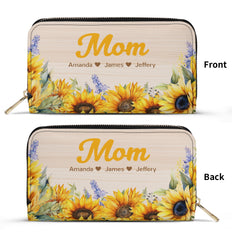 Personalized Sunflower Faux Leather Wallet – Custom Name Wristlet for Women & Moms