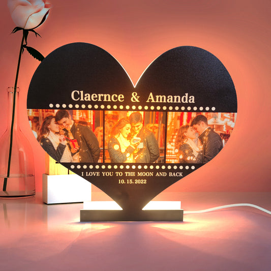 A beautifully crafted custom heart-shaped LED photo night light featuring personalized pictures and text, perfect for romantic home decor and gifting.