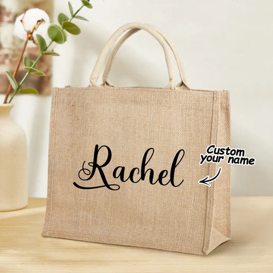 Stylish personalized burlap tote bag with custom monogram, perfect as a beach bag, bridesmaid gift, or wedding present for her