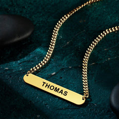 Personalized Engraved Bar Necklace – Thick Chain Punk Jewelry for Men, Custom Name Pendant, Hip-Hop Statement Necklace