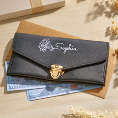 Personalized Birth Flower Wallet – Custom Faux Leather Wallet with Name for Women