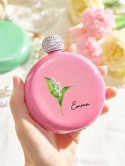 Personalized Birth Flower Glitter Flask – Custom Engraved Stainless Steel Flask for Women