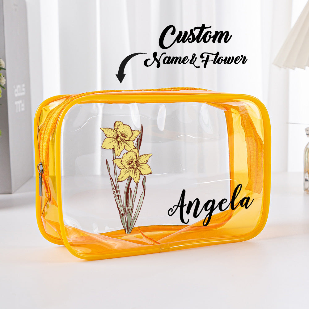 Personalized Birth Flower Clear Makeup Bag – Custom Waterproof Cosmetic Bag for Travel, Weddings & Gifts for Her