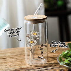 Personalized Birth Flower Can Glass – Custom Name Engraved Tumbler with Straw | Unique Gift for Mom, Bridesmaids & Friends