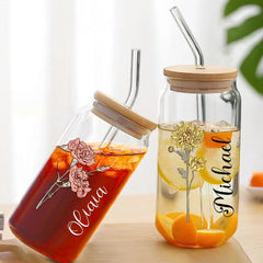 Personalized Birth Flower Can Glass – Custom Name Engraved Tumbler with Straw | Unique Gift for Mom, Bridesmaids & Friends