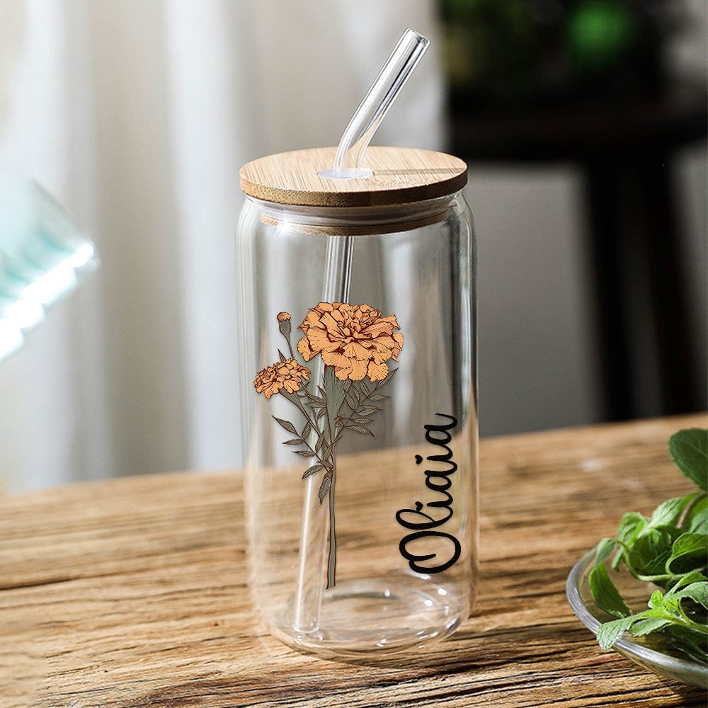 Personalized Birth Flower Can Glass – Custom Name Engraved Tumbler with Straw | Unique Gift for Mom, Bridesmaids & Friends