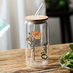 Personalized Birth Flower Can Glass – Custom Name Engraved Tumbler with Straw | Unique Gift for Mom, Bridesmaids & Friends