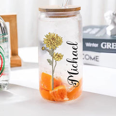 Personalized Birth Flower Can Glass – Custom Name Engraved Tumbler with Straw | Unique Gift for Mom, Bridesmaids & Friends