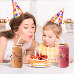 Personalized Birth Flower Can Glass – Custom Name Engraved Tumbler with Straw | Unique Gift for Mom, Bridesmaids & Friends