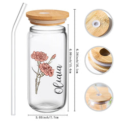 Personalized Birth Flower Can Glass – Custom Name Engraved Tumbler with Straw | Unique Gift for Mom, Bridesmaids & Friends