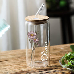 Personalized Birth Flower Can Glass – Custom Name Engraved Tumbler with Straw | Unique Gift for Mom, Bridesmaids & Friends