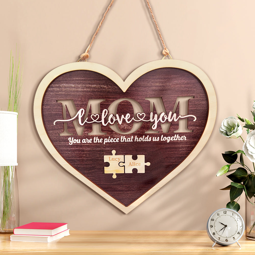 Personalized Mom Heart Puzzle Plaque – Custom Name Family Sign, Mother’s Day Gift