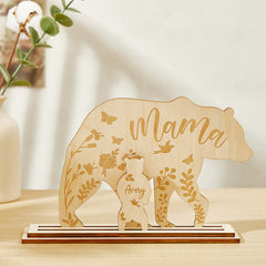 Personalized Mama Bear Wooden Desk Decor – Custom Engraved Gift for Mom with Cubs’ Names