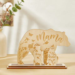 Personalized Mama Bear Wooden Desk Decor – Custom Engraved Gift for Mom with Cubs’ Names