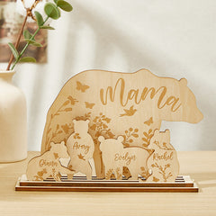 Personalized Mama Bear Wooden Desk Decor – Custom Engraved Gift for Mom with Cubs’ Names