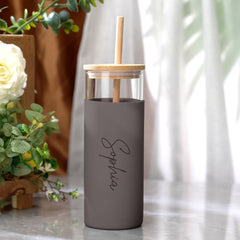 Personalized Glass Tumbler – 17oz Custom Engraved Name Coffee Cup with Wooden Lid, Silicone Sleeve & Reusable Straw – Stylish Birthday Gift for Coffee & Tea Lovers