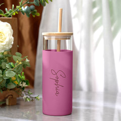 Personalized Glass Tumbler – 17oz Custom Engraved Name Coffee Cup with Wooden Lid, Silicone Sleeve & Reusable Straw – Stylish Birthday Gift for Coffee & Tea Lovers