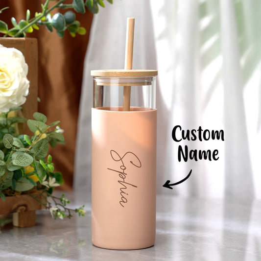 Personalized Glass Tumbler – 17oz Custom Engraved Name Coffee Cup with Wooden Lid, Silicone Sleeve & Reusable Straw – Stylish Birthday Gift for Coffee & Tea Lovers