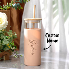 Personalized Glass Tumbler – 17oz Custom Engraved Name Coffee Cup with Wooden Lid, Silicone Sleeve & Reusable Straw – Stylish Birthday Gift for Coffee & Tea Lovers