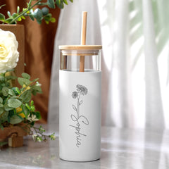 Personalized Glass Tumbler – 17oz Custom Engraved Name Coffee Cup with Wooden Lid, Silicone Sleeve & Reusable Straw – Stylish Birthday Gift for Coffee & Tea Lovers