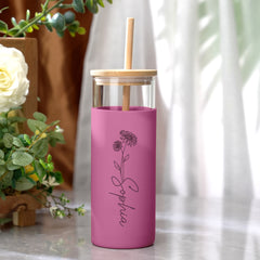 Personalized Glass Tumbler – 17oz Custom Engraved Name Coffee Cup with Wooden Lid, Silicone Sleeve & Reusable Straw – Stylish Birthday Gift for Coffee & Tea Lovers