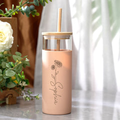 Personalized Glass Tumbler – 17oz Custom Engraved Name Coffee Cup with Wooden Lid, Silicone Sleeve & Reusable Straw – Stylish Birthday Gift for Coffee & Tea Lovers