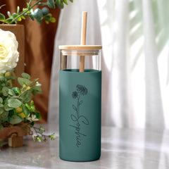 Personalized Glass Tumbler – 17oz Custom Engraved Name Coffee Cup with Wooden Lid, Silicone Sleeve & Reusable Straw – Stylish Birthday Gift for Coffee & Tea Lovers