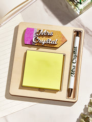 Personalized Wooden Sticky Note Holder with Pen – Custom Engraved Teacher Appreciation Gift