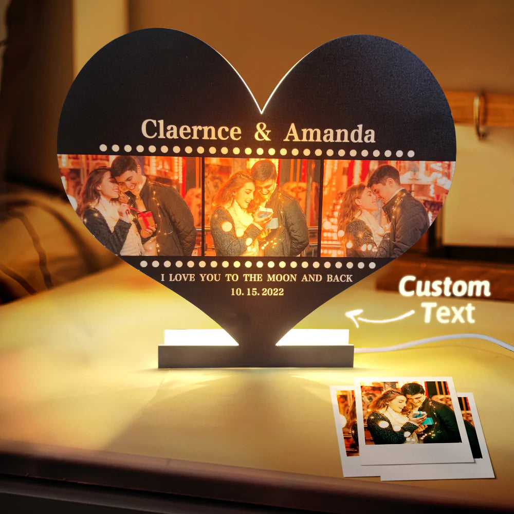 A beautifully crafted custom heart-shaped LED photo night light featuring personalized pictures and text, perfect for romantic home decor and gifting.