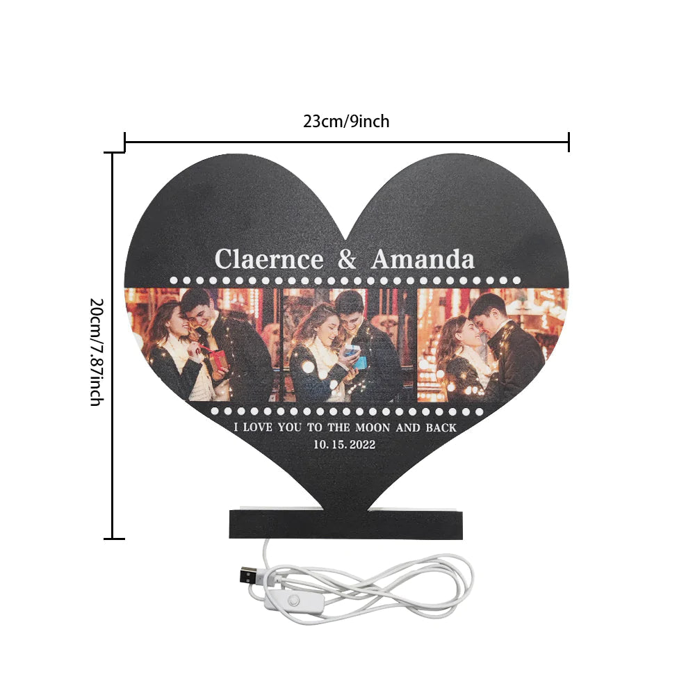A beautifully crafted custom heart-shaped LED photo night light featuring personalized pictures and text, perfect for romantic home decor and gifting.