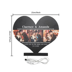 A beautifully crafted custom heart-shaped LED photo night light featuring personalized pictures and text, perfect for romantic home decor and gifting.