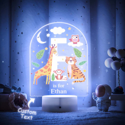 Adorable personalized animal alphabet LED night light with color-changing features, perfect nursery decor for babies with a 'Have a Good Dream' theme.