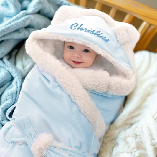 Soft and cozy personalized baby swaddle blanket with custom embroidered name, perfect sleeping bag for newborns and infants