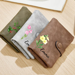 Custom floral engraved leather wallets for women – Personalized with birth flowers and name, available in brown, gray, and olive green – Thoughtful, stylish, and meaningful gift for any occasion.