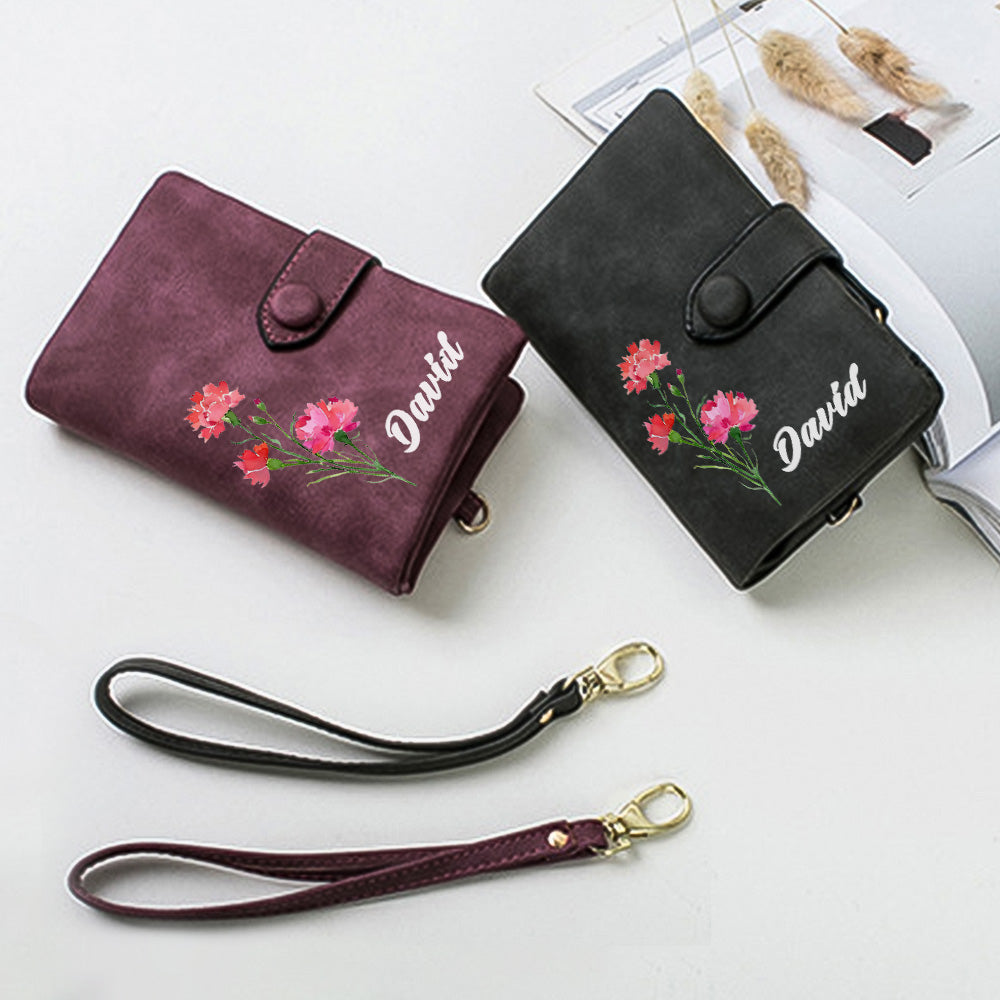 Personalized leather wallet for women with custom birth flower and engraved name – Elegant black and maroon wallets with detachable wrist straps, perfect for birthdays, anniversaries, and special gifts.