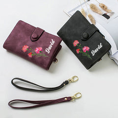 Personalized leather wallet for women with custom birth flower and engraved name – Elegant black and maroon wallets with detachable wrist straps, perfect for birthdays, anniversaries, and special gifts.