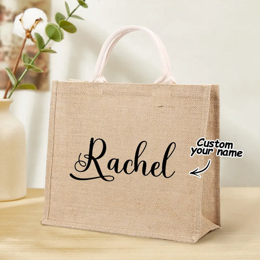 Stylish personalized burlap tote bag with custom monogram, perfect as a beach bag, bridesmaid gift, or wedding present for her