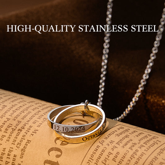 Elegant personalized double ring necklace with custom engraved names, a perfect wedding gift for the bride or anniversary jewelry for her.