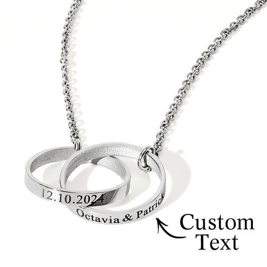 Elegant personalized double ring necklace with custom engraved names, a perfect wedding gift for the bride or anniversary jewelry for her.
