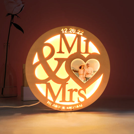 Elegant custom engraved wooden night light with a personalized photo and name, a perfect romantic gift for couples and loved ones.