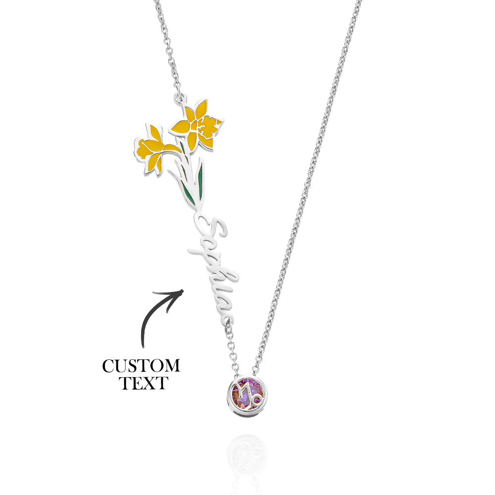 Personalized Birth Flower & Zodiac Sign Name Necklace – Custom Engraved Jewelry for Women
