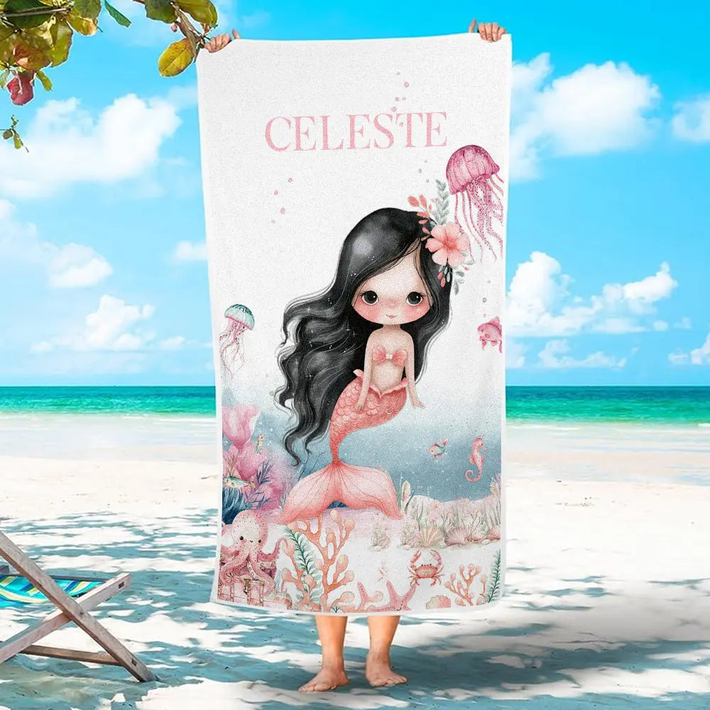 Personalized Mermaid Beach Towel – Custom Name Towel for Girls, Soft & Absorbent Beach Vacation Accessory
