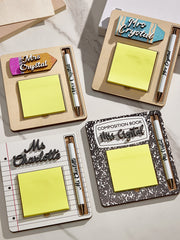 Personalized Wooden Sticky Note Holder with Pen – Custom Engraved Teacher Appreciation Gift