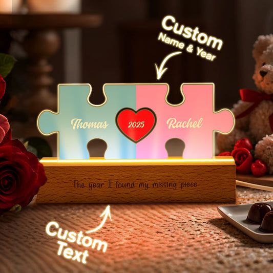 Personalized Couple Puzzle LED Night Light – Custom Name Engraved Romantic Gift for Lovers