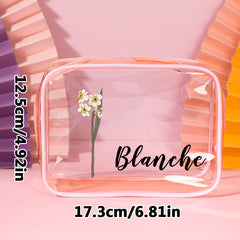 Personalized Birth Flower Clear Makeup Bag – Custom Waterproof Cosmetic Bag for Travel, Weddings & Gifts for Her